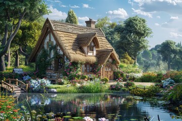 Charming thatched cottage surrounded by vibrant flowers and tranquil waters in a lush green landscape during a sunny day