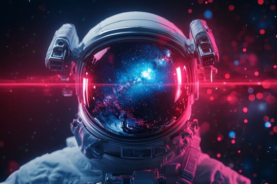 A close-up of an astronaut helmet reflecting the Milky Way, with intricate details of the helmet visor and gear