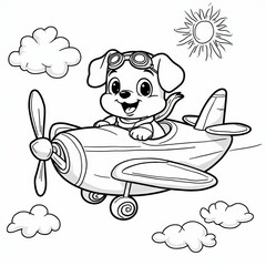 Cartoon Dog Flying an Airplane with Clouds and Sun – Outline Illustration
