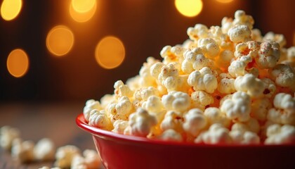 Cinematic blurry background with close-up popcorn in red bowl. Savory salty snack. Crispy food texture. Appetizing junk for party. Delicious appetizer. Unhealthy diet. Fast food.