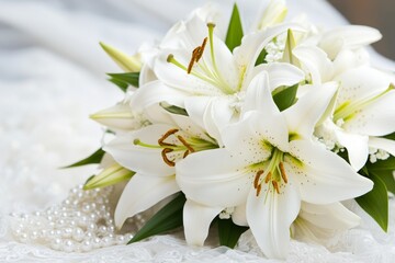 A close-up of lilies in a bridal bouquet, with intricate lace and pearls complementing the flowers