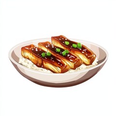 Japanese food unagi national cuisine dish isolated on white background, colorful cartoon illustration