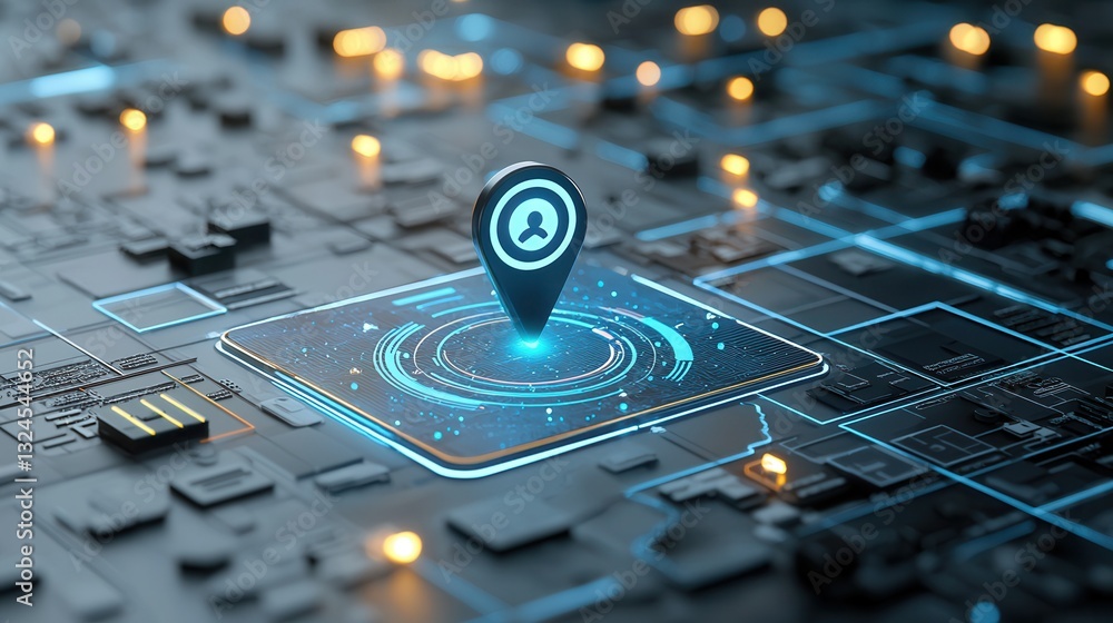 Poster close up view of a digital navigation pin or indicator placed on a futuristic technology inspired in