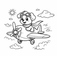 Funny Dog Flying a Plane – Kids Coloring Book Illustration