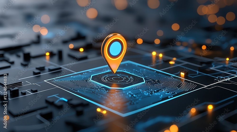 Poster a close up view of a futuristic and advanced navigation marker or pin displayed on a soft blurred di