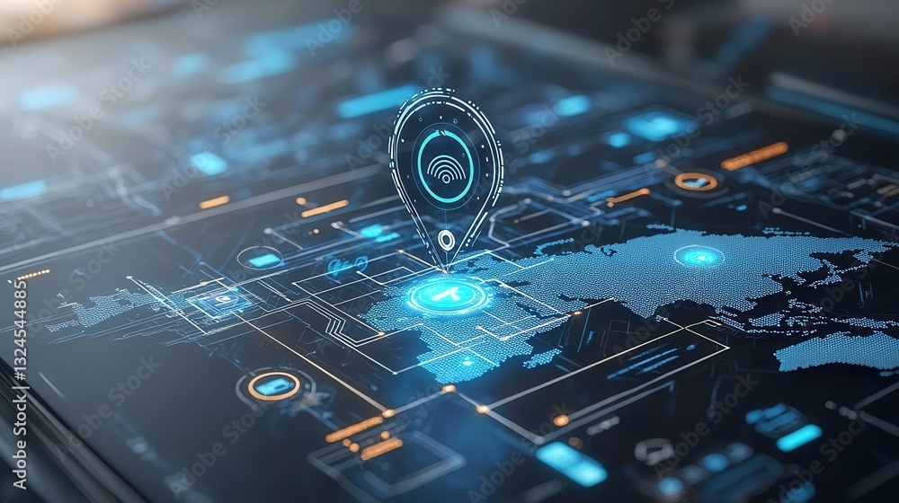 Poster this futuristic image depicts a navigation marker on a highly advanced data rich digital interface s