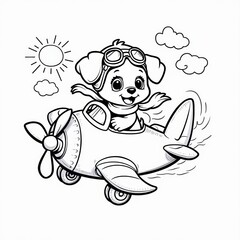 Cute Cartoon Puppy Pilot in an Airplane – Easy Coloring Page