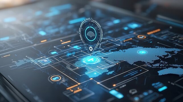 This futuristic image depicts a navigation marker on a highly advanced data rich digital interface showcasing the of cutting edge technology global positioning