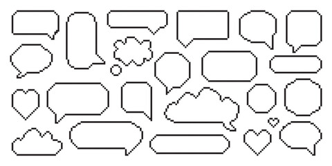 Obraz premium Pixel art speech bubbles set. Collection of pixel elements. Comic chat pixel elements. 8-bit style illustration. 