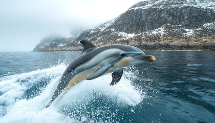 Fototapeta premium Dolphin leaping for Arctic coast, winter.