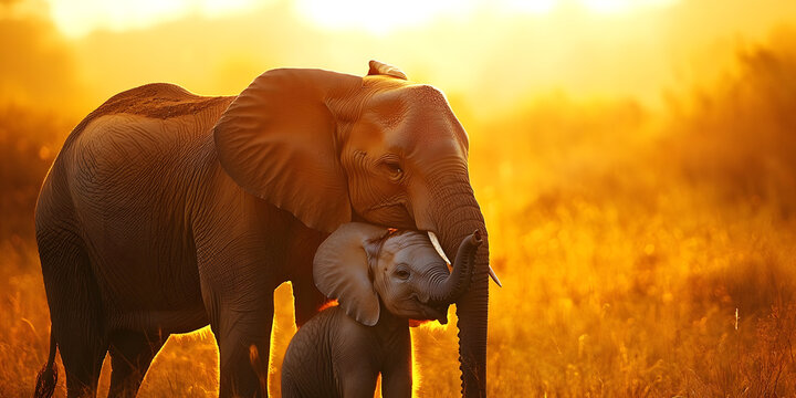 Elephant Mother and Baby in Sunlight, Gentle Elephant Family, African Elephant Love, Heartwarming Wildlife Moment, Elephant Affection - Powered by Adobe