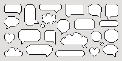 Pixel art speech bubbles set. Collection of pixel elements. Comic chat pixel elements. 8-bit style illustration. 