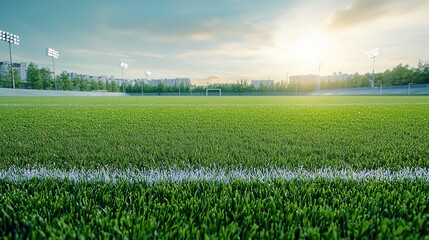 This image depicts a well manicured sports field with lush green grass and precisely marked lines  The field is surrounded by a stadium or arena