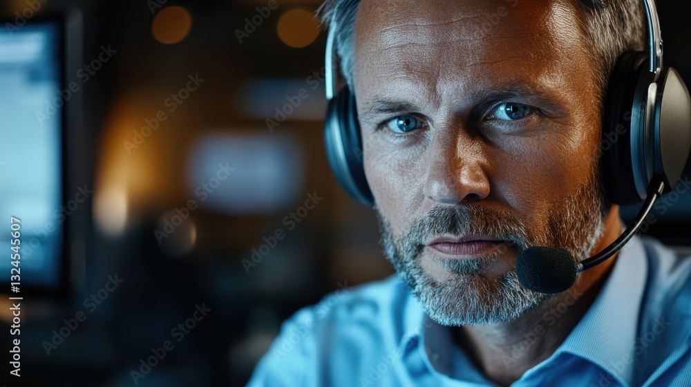Poster call center agent with headset working on support hotline in modern office with copy space. portrait