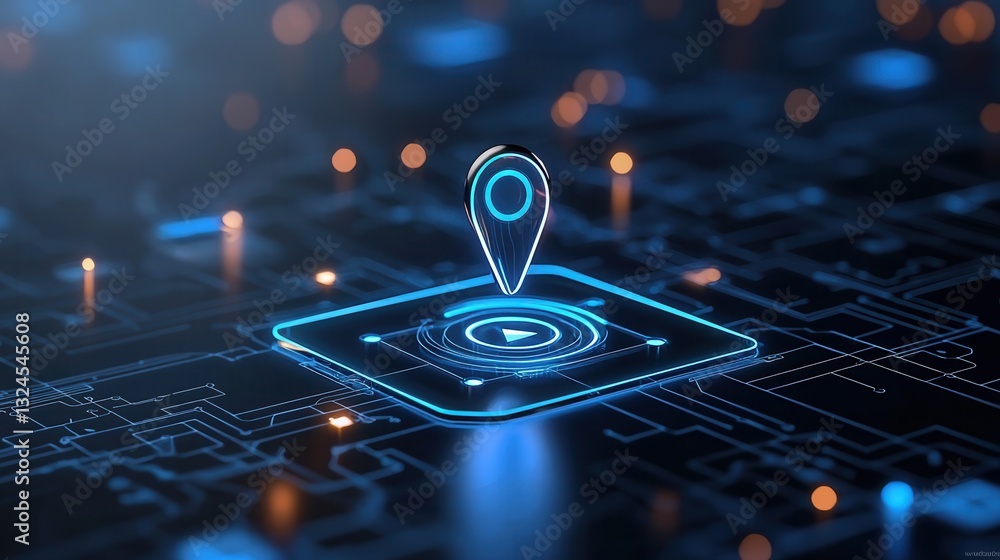 Fototapete this image depicts a glowing navigation pin or marker hovering over a complex futuristic digital int