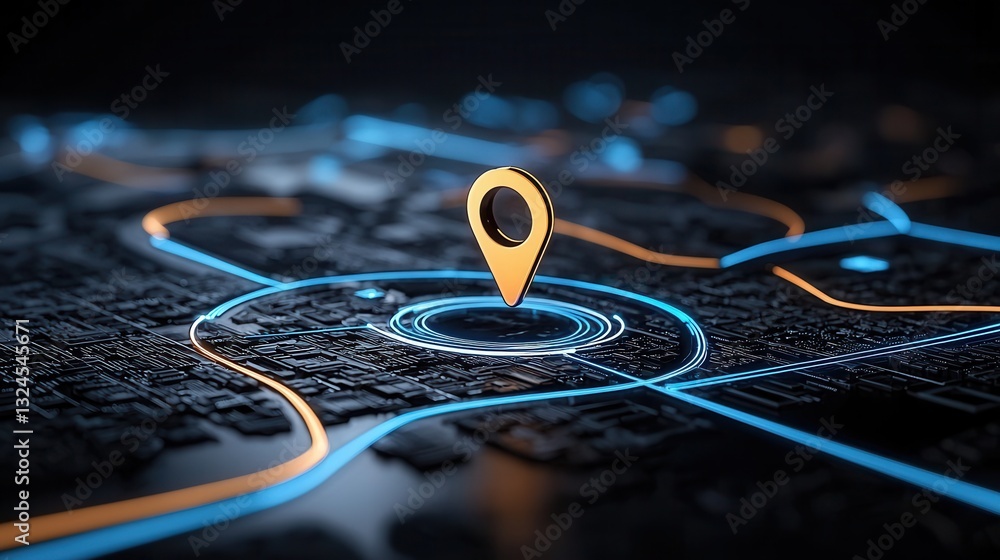 Poster a close up view of a shining navigation pin overlaid on a detailed futuristic digital map with intri