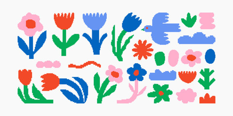 Trendy vector set of pixel abstract pieces and floral elements. Spring bloom. Modern forms for card, print on clothes. Creative collage in pixel art style 