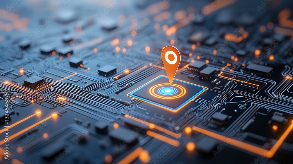Poster close up view of a glowing pinpoint or location marker resting on a futuristic digital blue circuit 