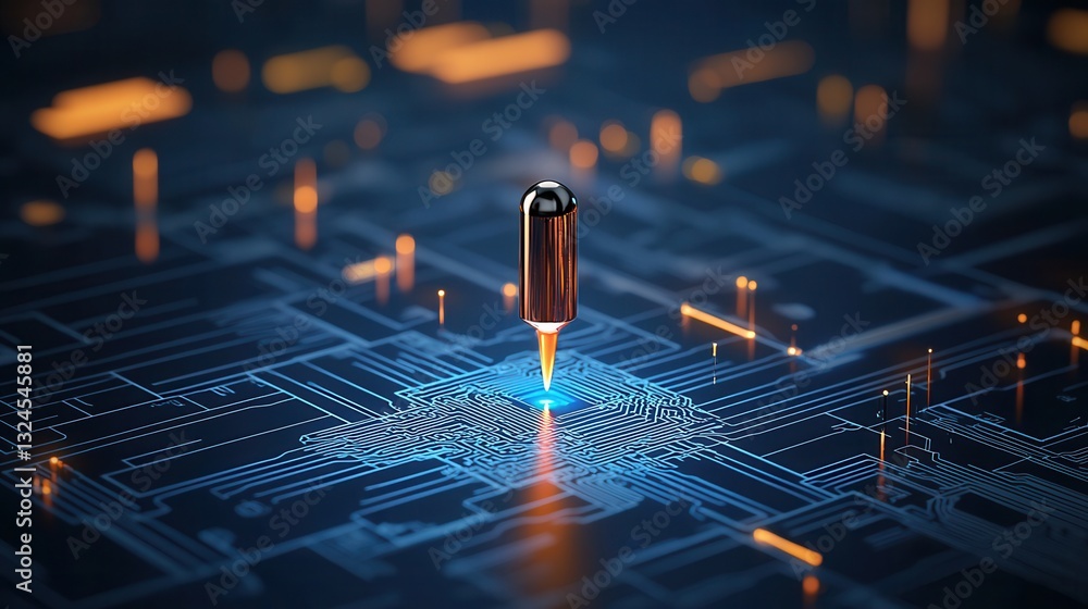 Poster close up view of a small pinpoint like object resting on a complex digital circuit board with intric