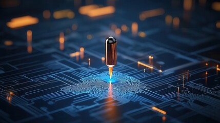 Close up view of a small pinpoint like object resting on a complex digital circuit board with intricate blue patterns and illuminated connections