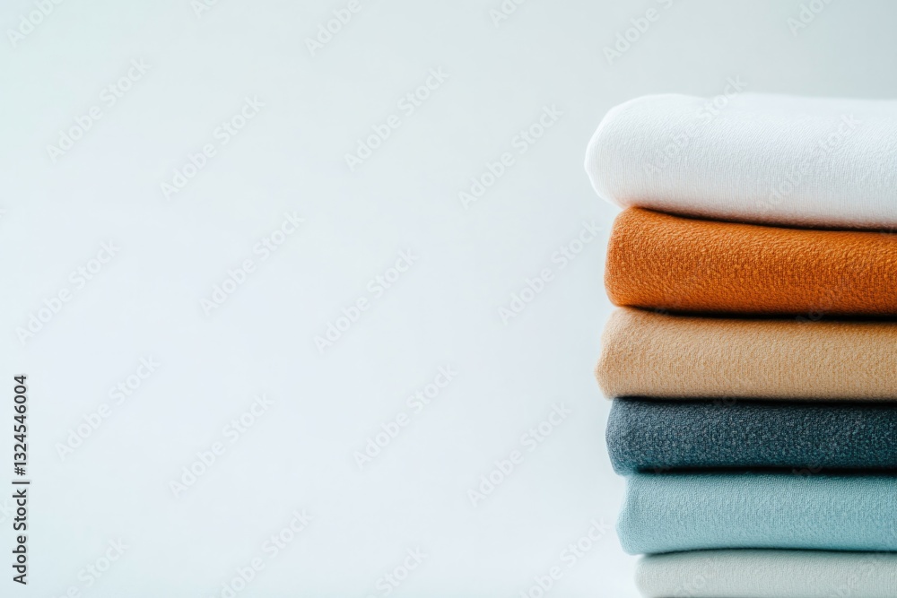 Poster neatly folded stack of colorful laundry on white background showcasing contrasting textures and colo