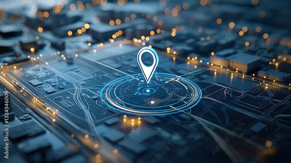 Poster close up view of a detailed navigation pin precisely positioned on a digitally rendered futuristic m