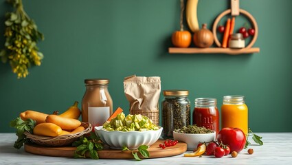 Healthy Food and Drink Ingredients on Rustic Kitchen Table