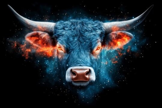 A cosmic depiction of Taurus as a bull-shaped nebula glowing in the night sky