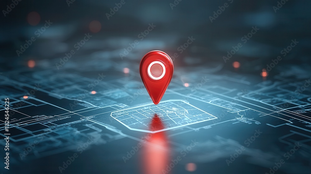 Poster a close up view of a vibrant red location pin standing prominently on a detailed glowing digital map