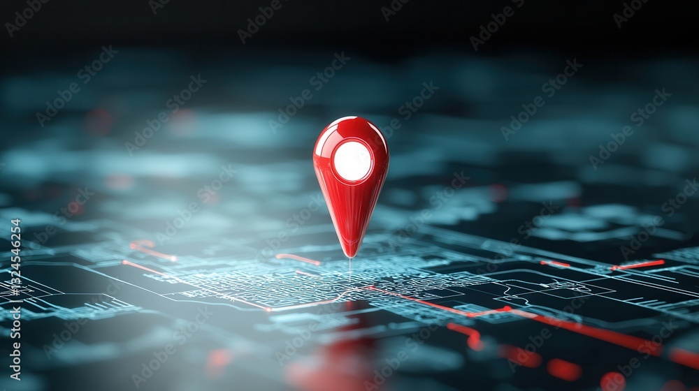 Poster detailed view of a prominent red location marker or pinpoint positioned on a vivid blue digital map 