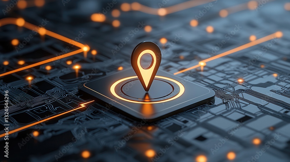 Poster this image depicts a close up view of a sleek glowing location pin placed on a futuristic digitally 