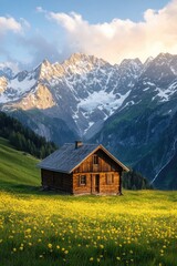 Fototapeta premium Small wooden cabin in field of yellow flowers