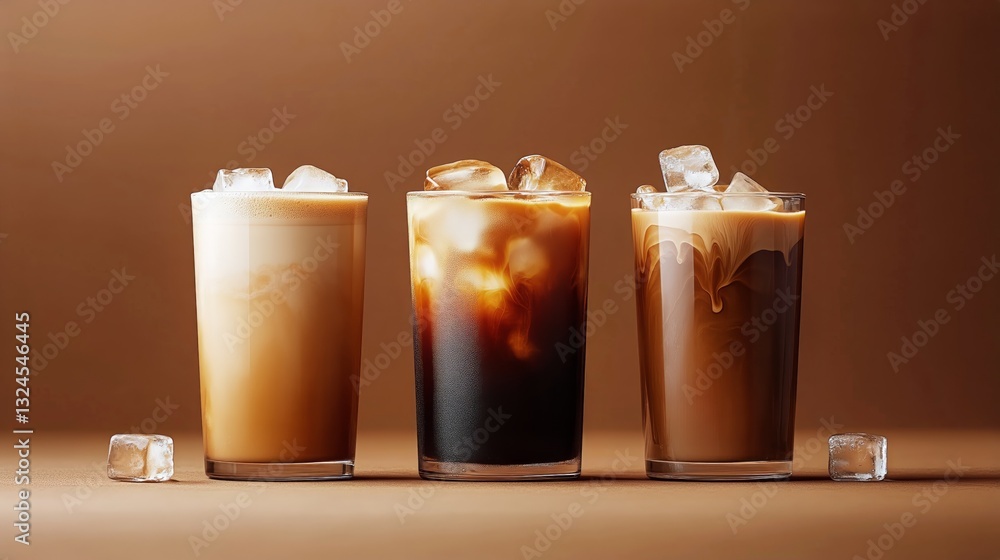 Poster Indulge in Two Refreshing Coffee Drinks With Ice and Nuts Displayed on a Simple Background