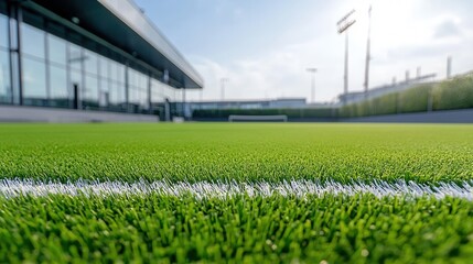 This image depicts a well maintained sports field or pitch with a lush vibrant green turf surface and distinct white boundary lines  The field is set within a larger sports facility or stadium