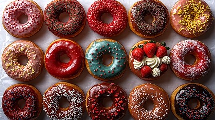 Colorful donuts arranged on a baking sheet