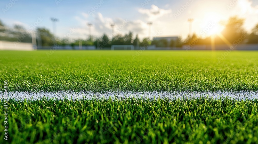 Poster a close up view of a well manicured grass field with freshly painted white boundary lines creating a