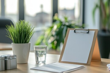 an office setting with an empty clipboard and various items, like a small potted plant and a glass of water, arranged on the desk