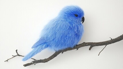 Fluffy blue bird perched on branch, white backdrop, studio shot, pet design