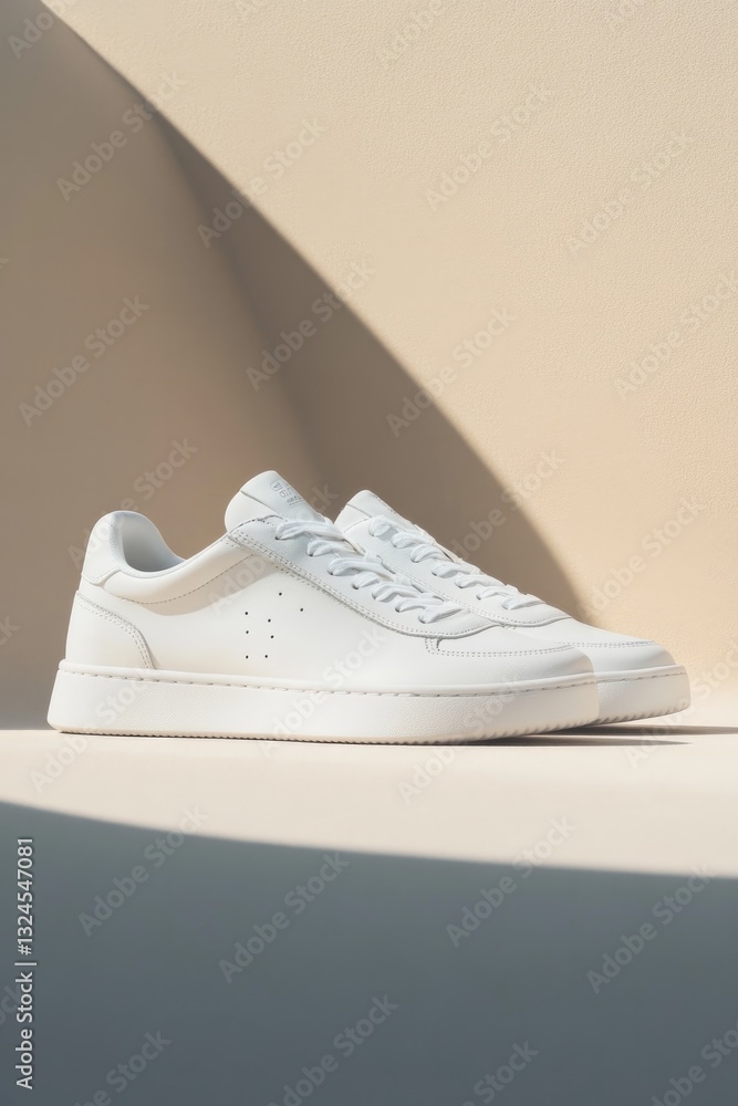 Poster pair of simple white sneakers placed on seamless surface with clean lines and soft lighting emphasiz