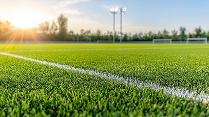 This image depicts a lush well maintained sports field or turf with a vibrant green color and crisp white boundary lines  The scene suggests an outdoor athletic venue or stadium