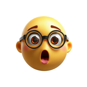 Playful yellow emote character wearing stylish glasses smiling happily with fun expression against a bright background isolated on a white background.