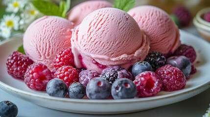 Pink ice cream scoops with berries