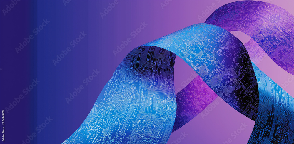 Poster blue ribbon with digital patterns – ai & blockchain in banking and nature, flowing data effect, bina