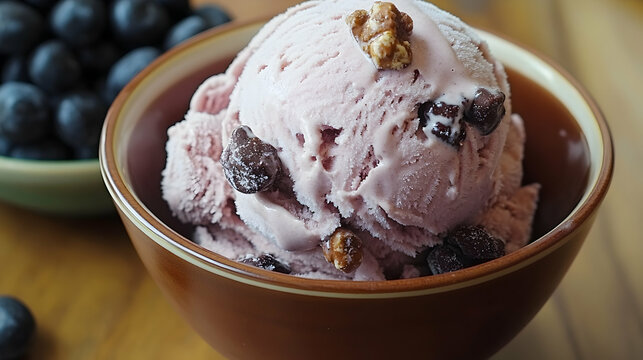 Pink ice cream with blueberries and nuts