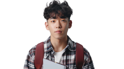 Confident university student holding book and backpack on transparent background