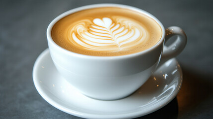 Cup of Latte with Beautiful Latte Art in a White Ceramic Cup