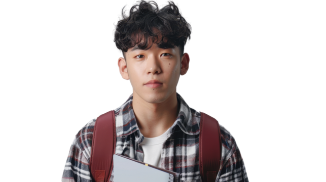 Confident university student holding book and backpack on transparent background