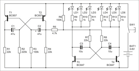 Schematic diagram of electronic device on white sheet of paper. Vector drawing electrical circuit with led indicator, capacitor, resistor, transistor, power supply,
battery, button, other components.