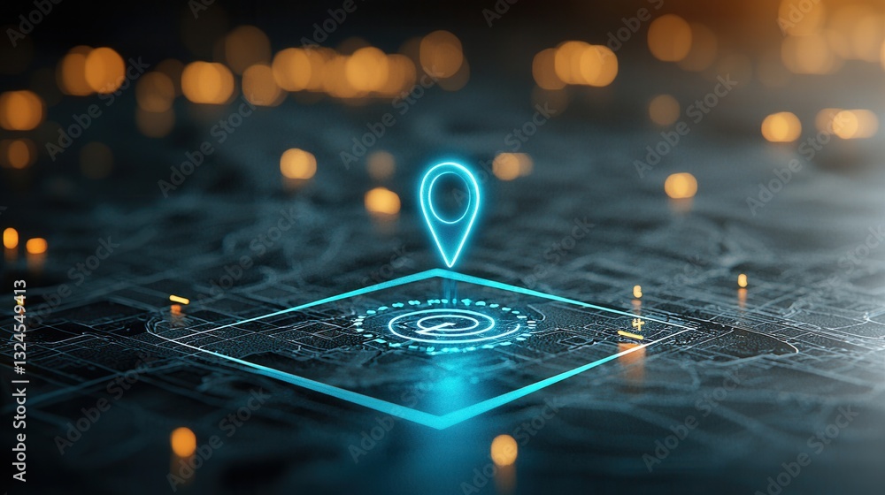 Poster a detailed and close up view of a bright glowing navigation pin against a dark blurred background sh