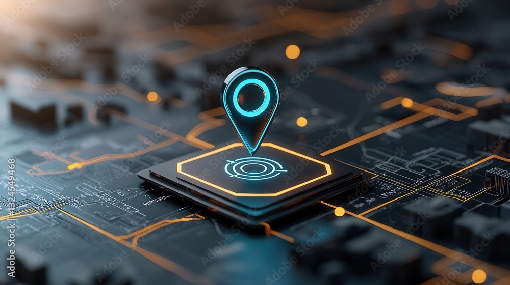 Poster crisp shot of a detailed location marker on a digital map representing the precise coordinates and n